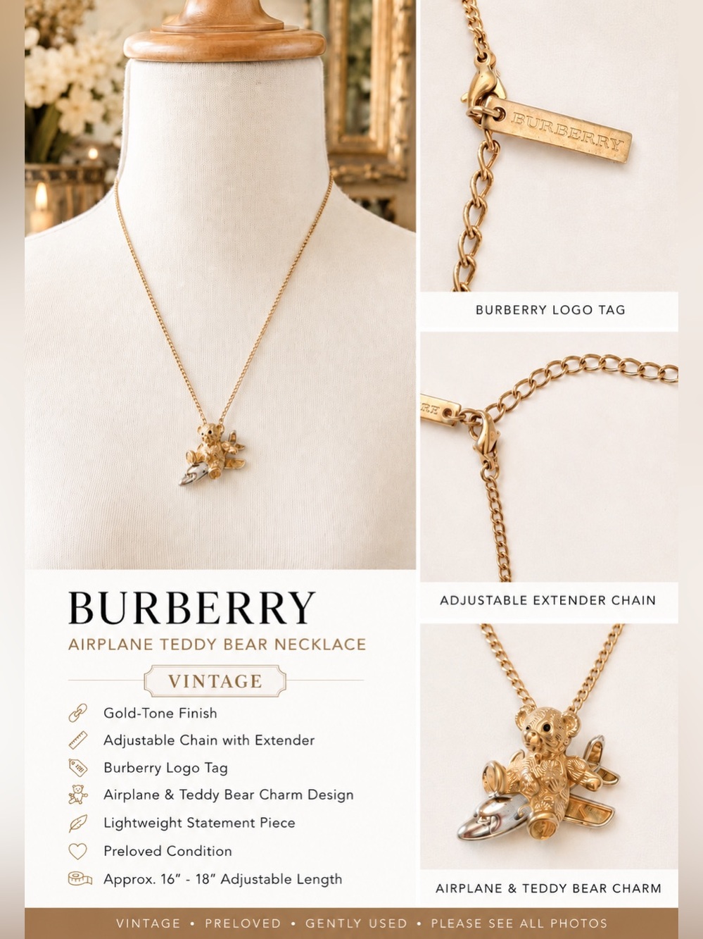 Burberry vintage bear necklace/teddy bear pendant flying ✈️ Authentic beauty.